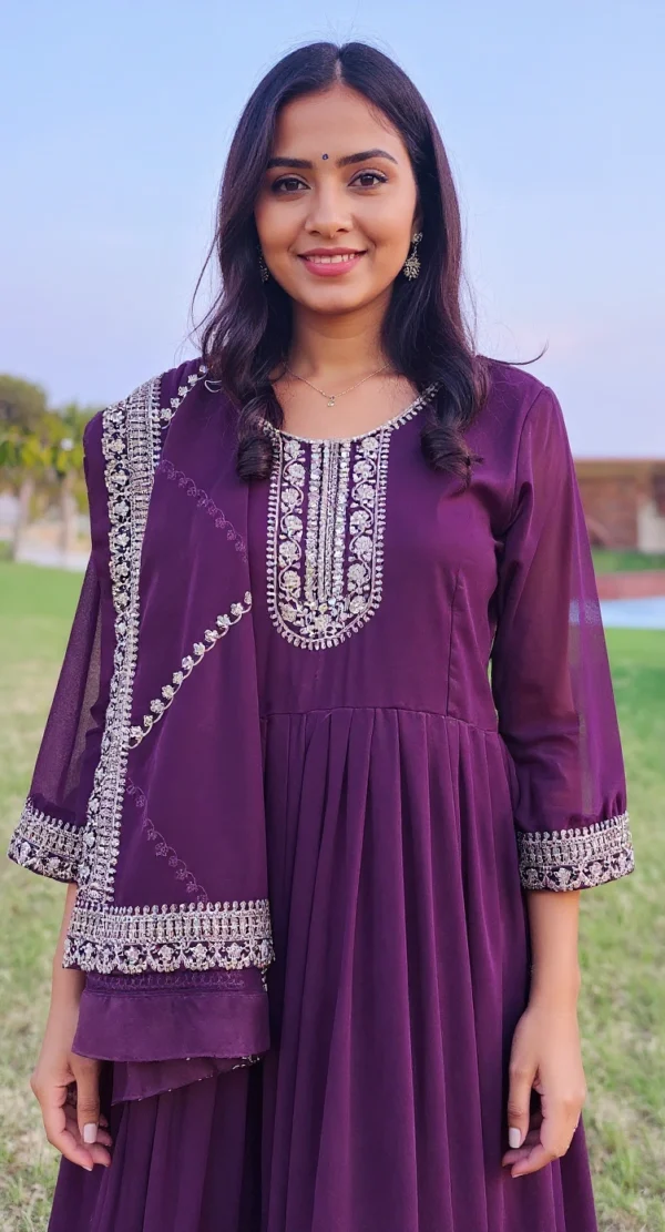 Zarina Wine Embroidered Anarkali Set - Image 4