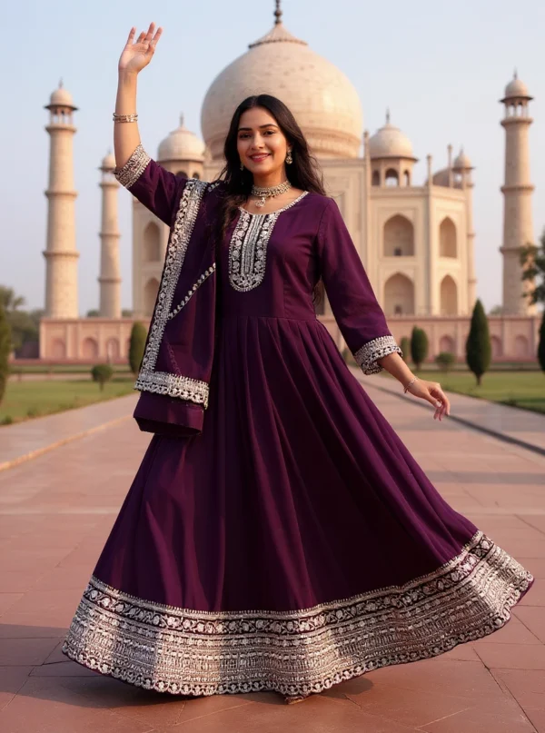 Zarina Wine Embroidered Anarkali Set